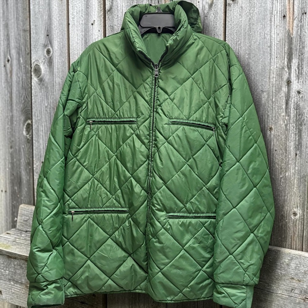 VTG Green Sportcaster Seattle Diamond Quilted Puffer Jacket Zip Stowaway Hood Lg